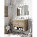 Dmora Armario bajo encimera Shreveport, mueble de baño de 2 puertas, Mueble suspendido con repisa y espejo, lavabo no incluido, cm 80x45h64, Roble, con embalaje reforzado
